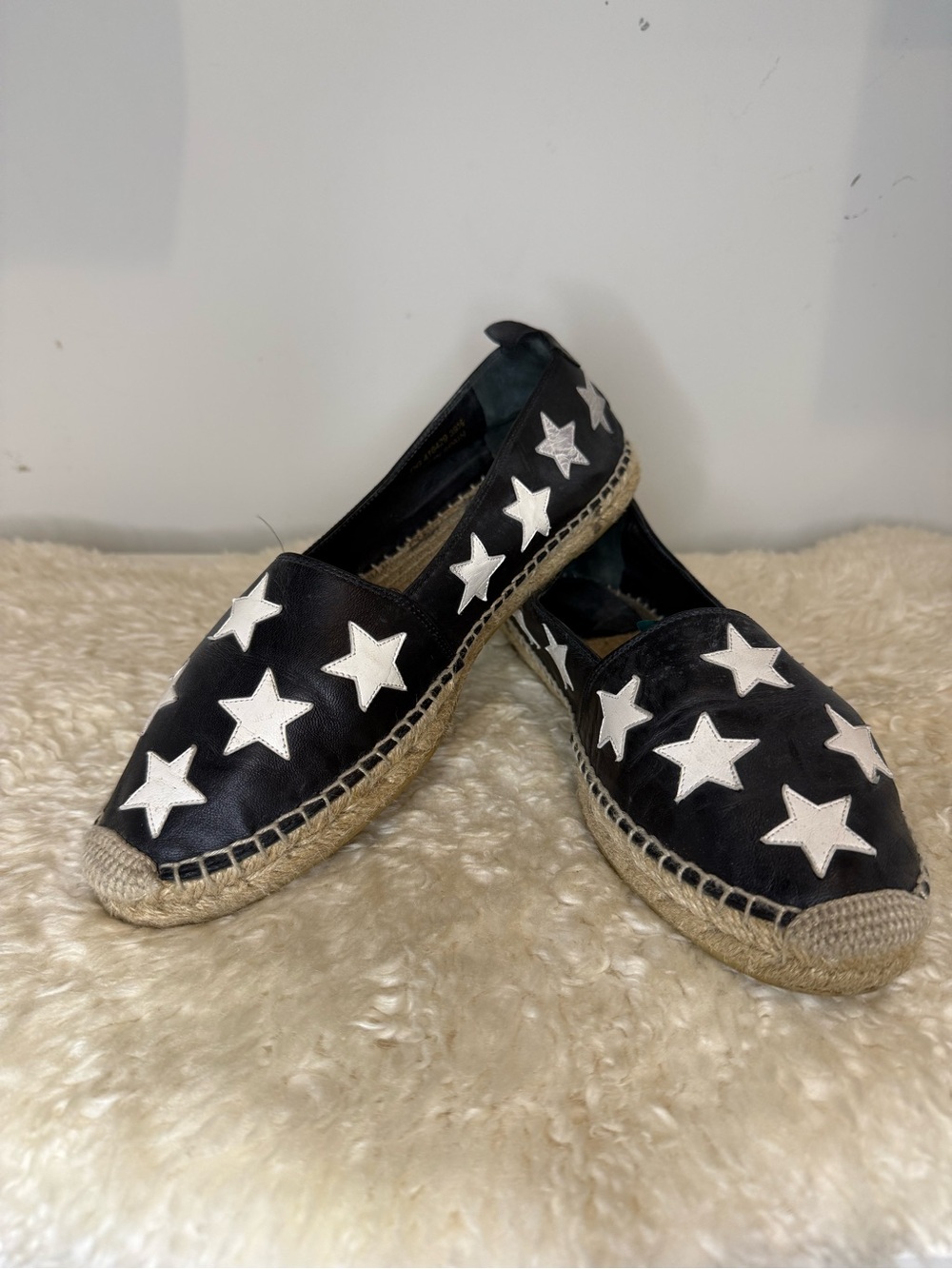 Women’s St. Laurent Black leather Star-Accent Espadrille Flats - Women size 39.5